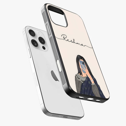 Mirror Mood Muse With Custom Name Glass Case laid diagonally highlighting side profile, edges and glossy glass shine.