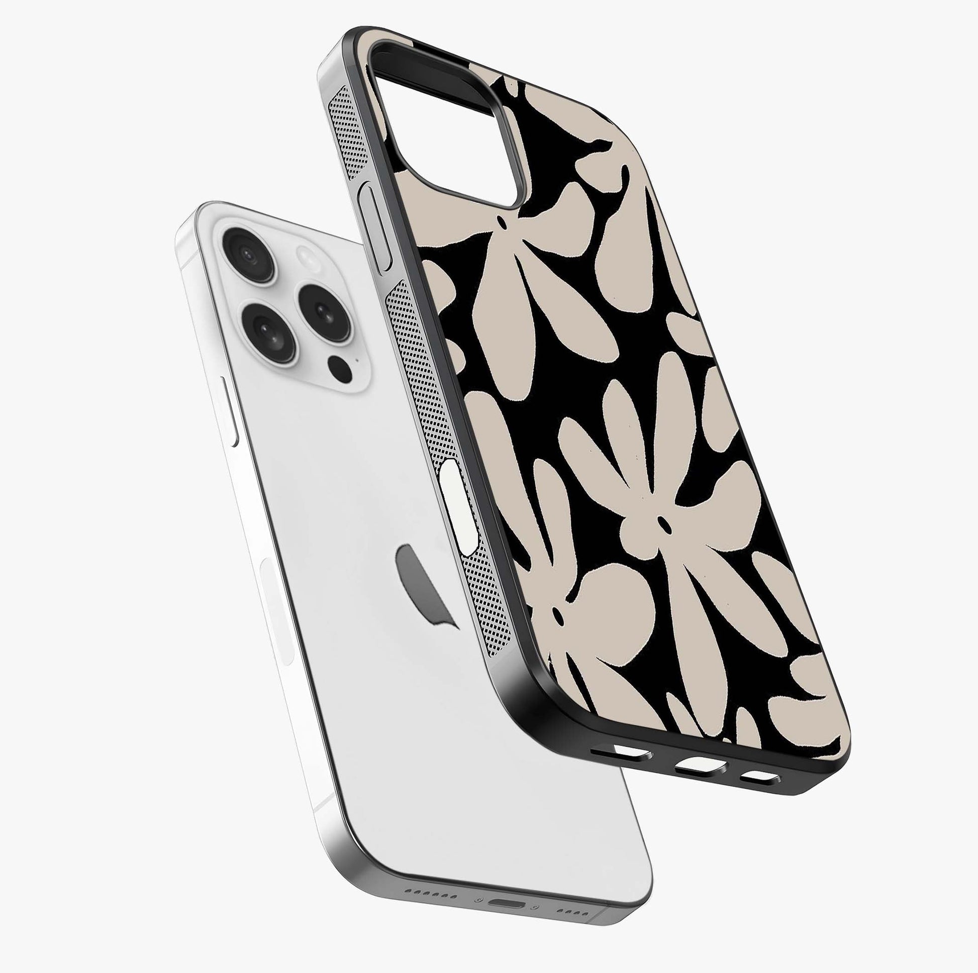 Monochrome Petal Dance Glass Case laid diagonally highlighting side profile, edges and glossy glass shine.