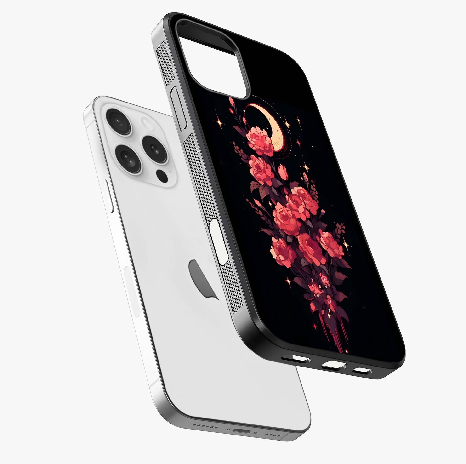 Moonlit Floral Elegance Glass Case laid diagonally highlighting side profile, edges and glossy glass shine.