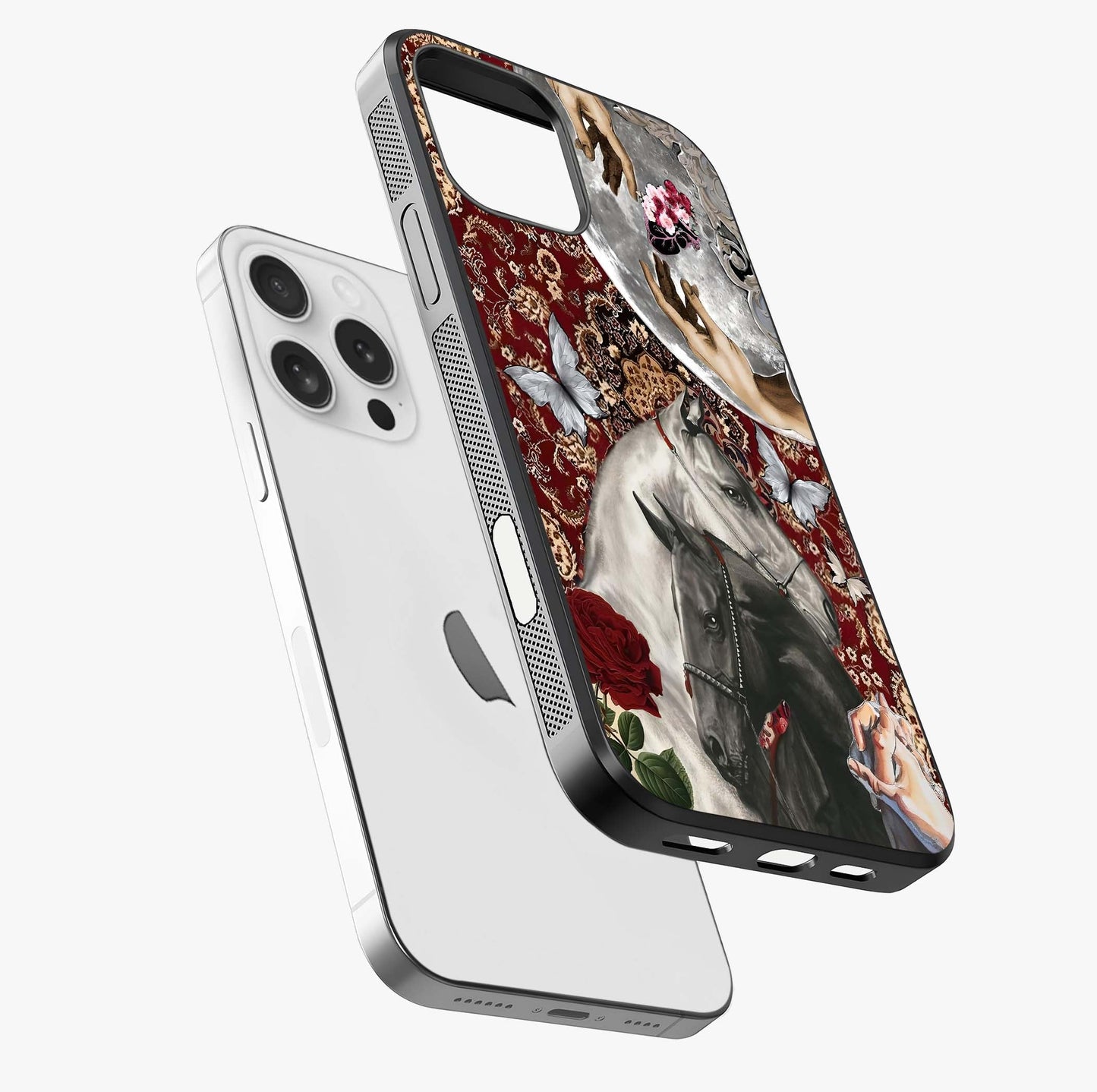 Moonlit Royal Stallion Glass Case laid diagonally highlighting side profile, edges and glossy glass shine.