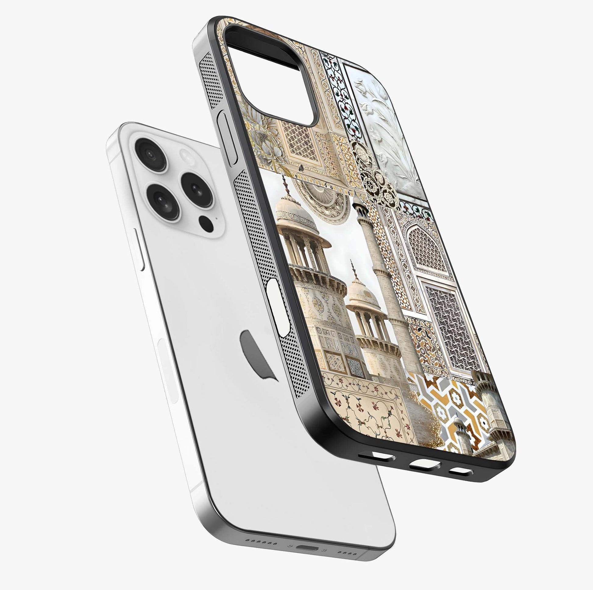 Mughal Marble Legacy Glass Case laid diagonally highlighting side profile, edges and glossy glass shine.