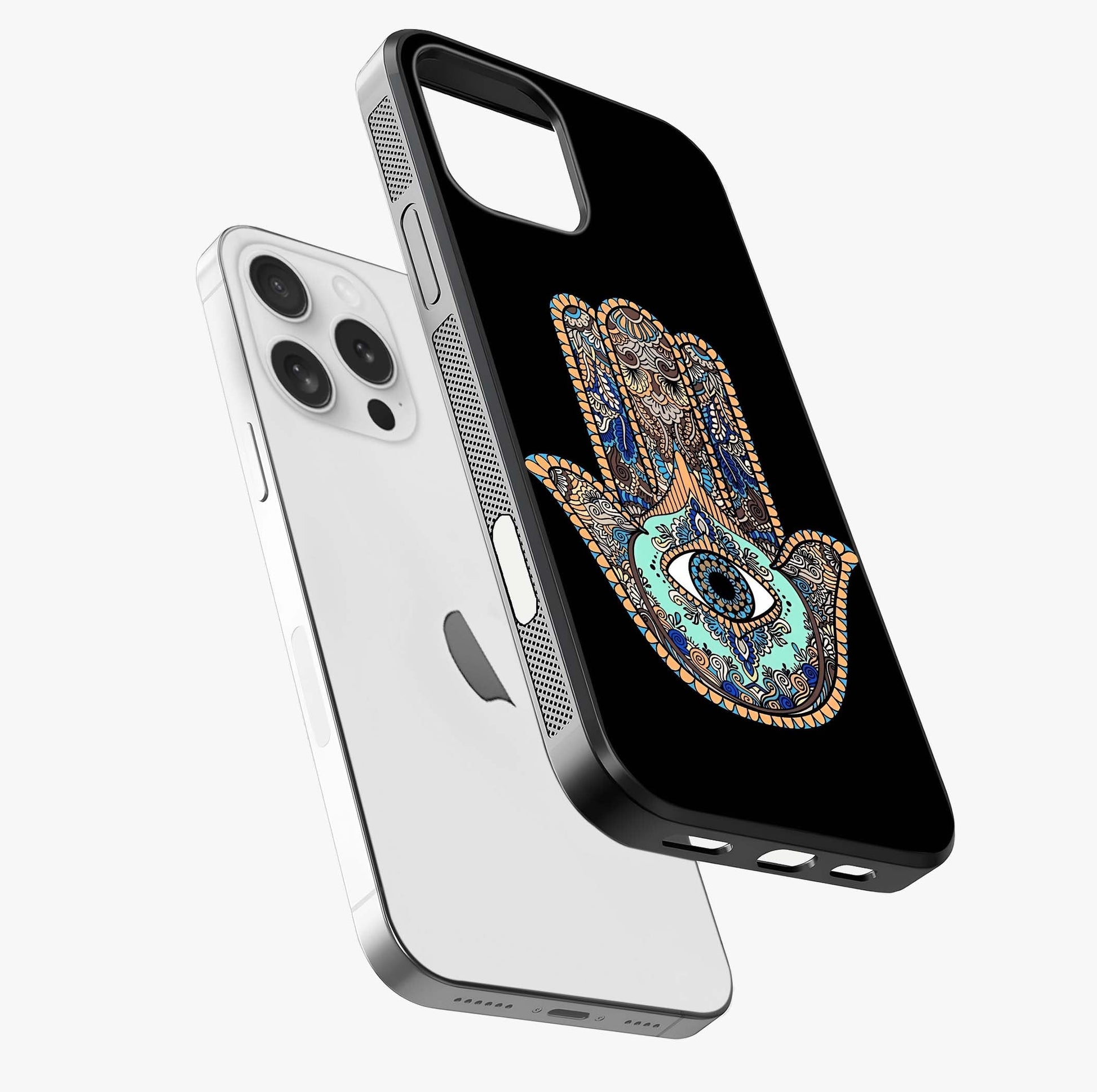 Mystic Hamsa Eye Glass Case laid diagonally highlighting side profile, edges and glossy glass shine.