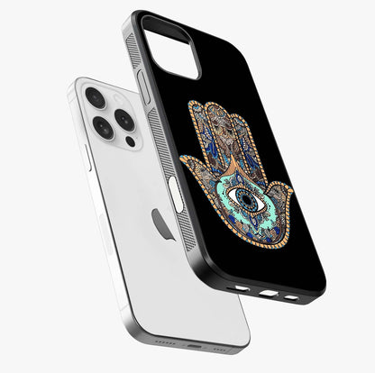 Mystic Hamsa Eye Glass Case laid diagonally highlighting side profile, edges and glossy glass shine.