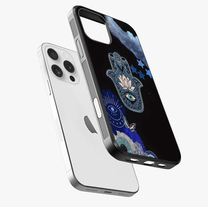 Mystic Hand Aura Glass Case laid diagonally highlighting side profile, edges and glossy glass shine.