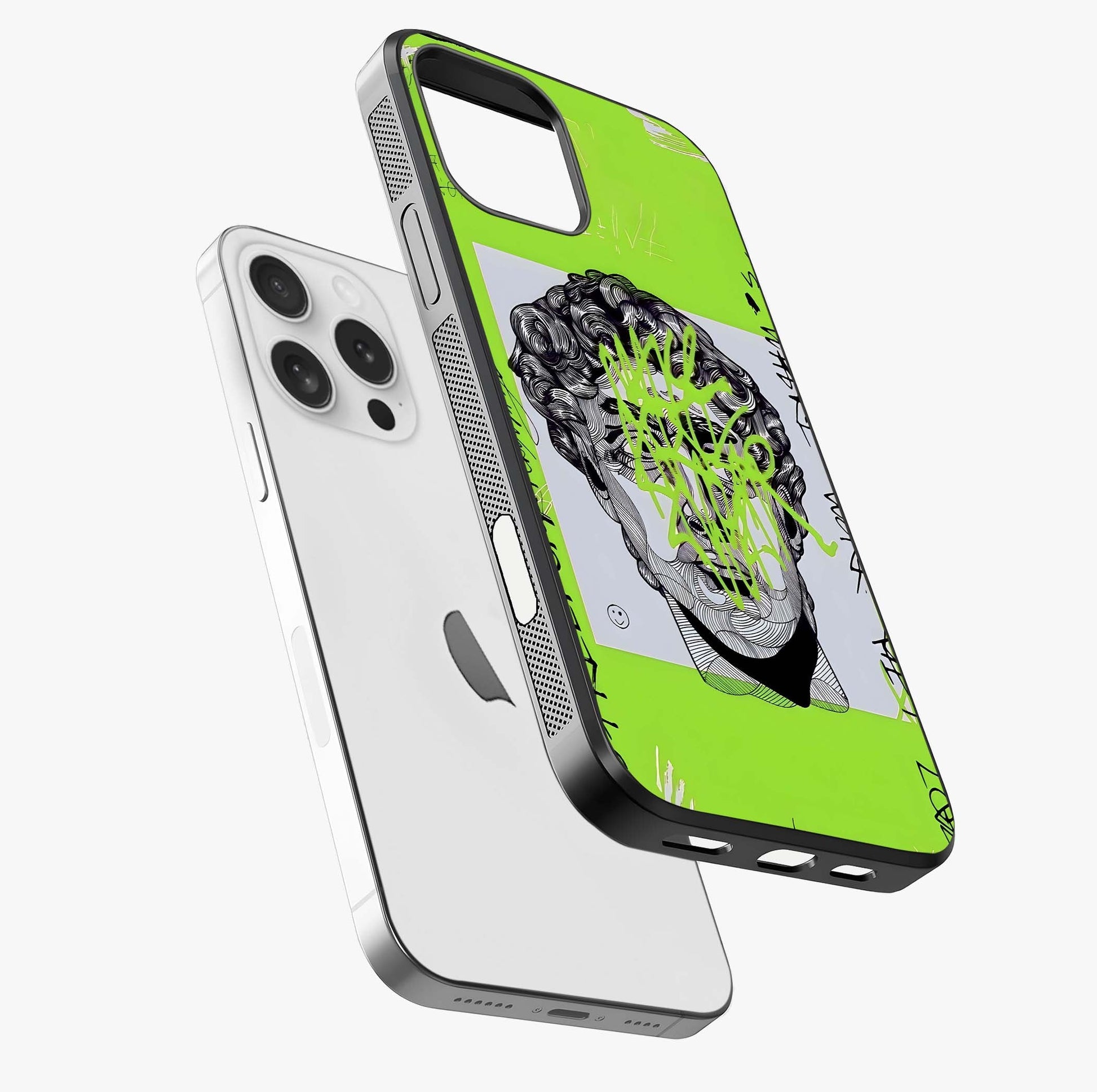Neo Graffiti Rebellion Glass Case laid diagonally highlighting side profile, edges and glossy glass shine.