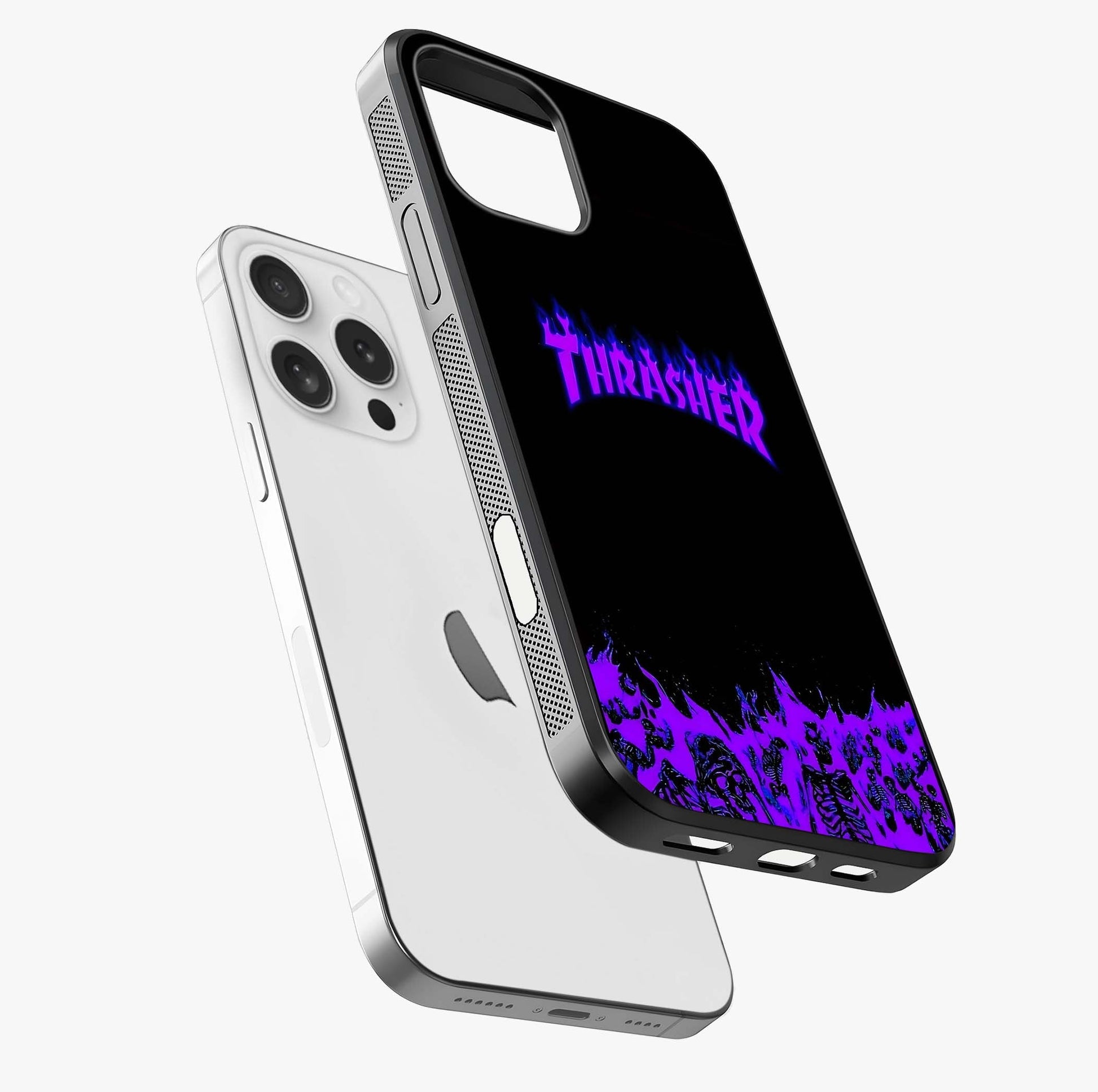 Neon Flame Riot Glass Case laid diagonally highlighting side profile, edges and glossy glass shine.