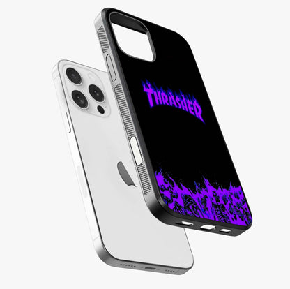 Neon Flame Riot Glass Case laid diagonally highlighting side profile, edges and glossy glass shine.