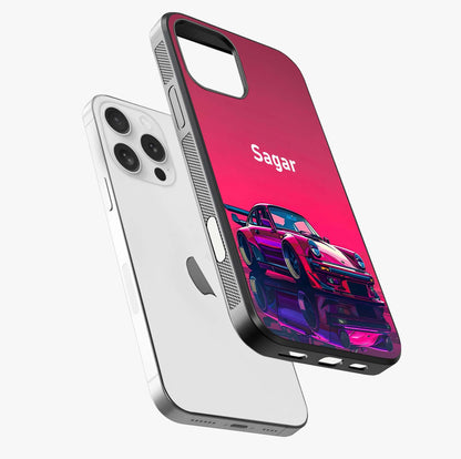 Neon Pink Porsche Glass Case laid diagonally highlighting side profile, edges and glossy glass shine.
