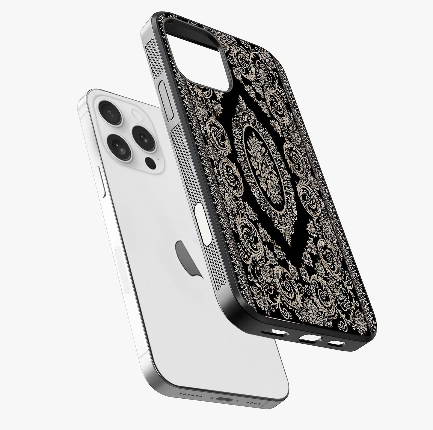 Noir Bloom Elegance Glass Case laid diagonally highlighting side profile, edges and glossy glass shine.