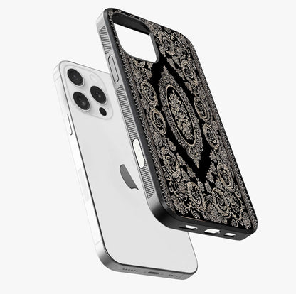Noir Bloom Elegance Glass Case laid diagonally highlighting side profile, edges and glossy glass shine.