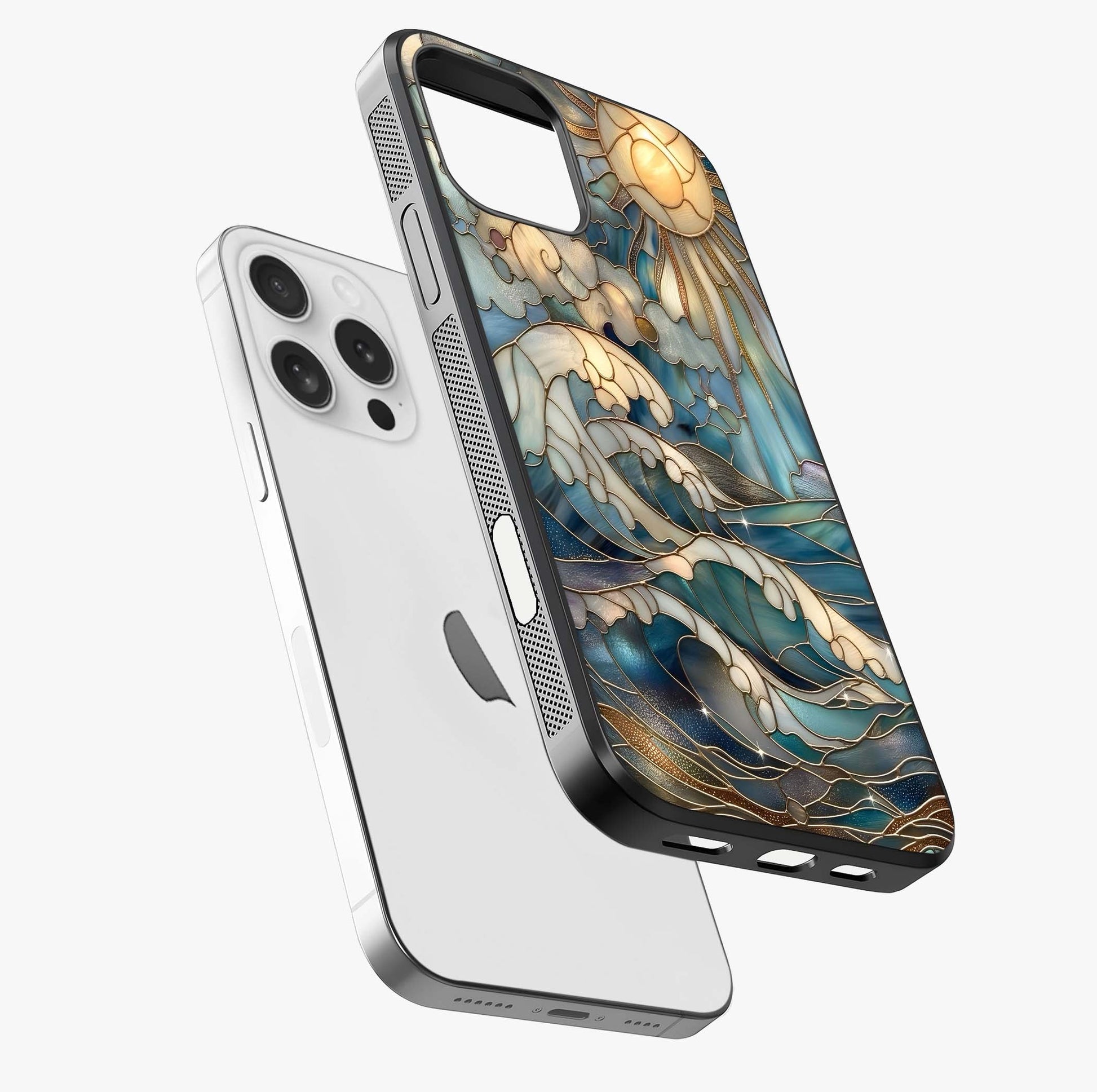 Oceanic Stained Printed Glass Case laid diagonally highlighting side profile, edges and glossy glass shine.