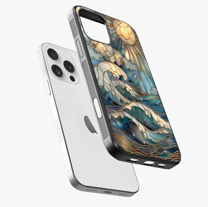 Oceanic Stained Printed Glass Case laid diagonally highlighting side profile, edges and glossy glass shine.