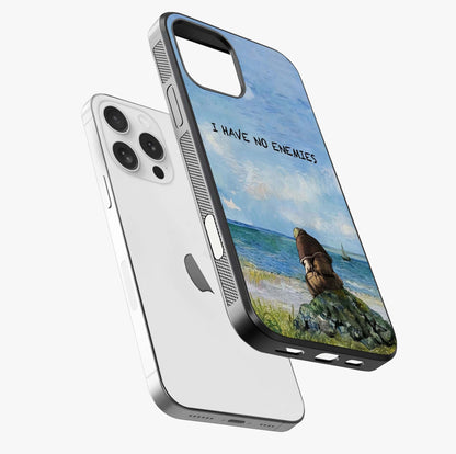 Peace Beyond War Glass Case laid diagonally highlighting side profile, edges and glossy glass shine.
