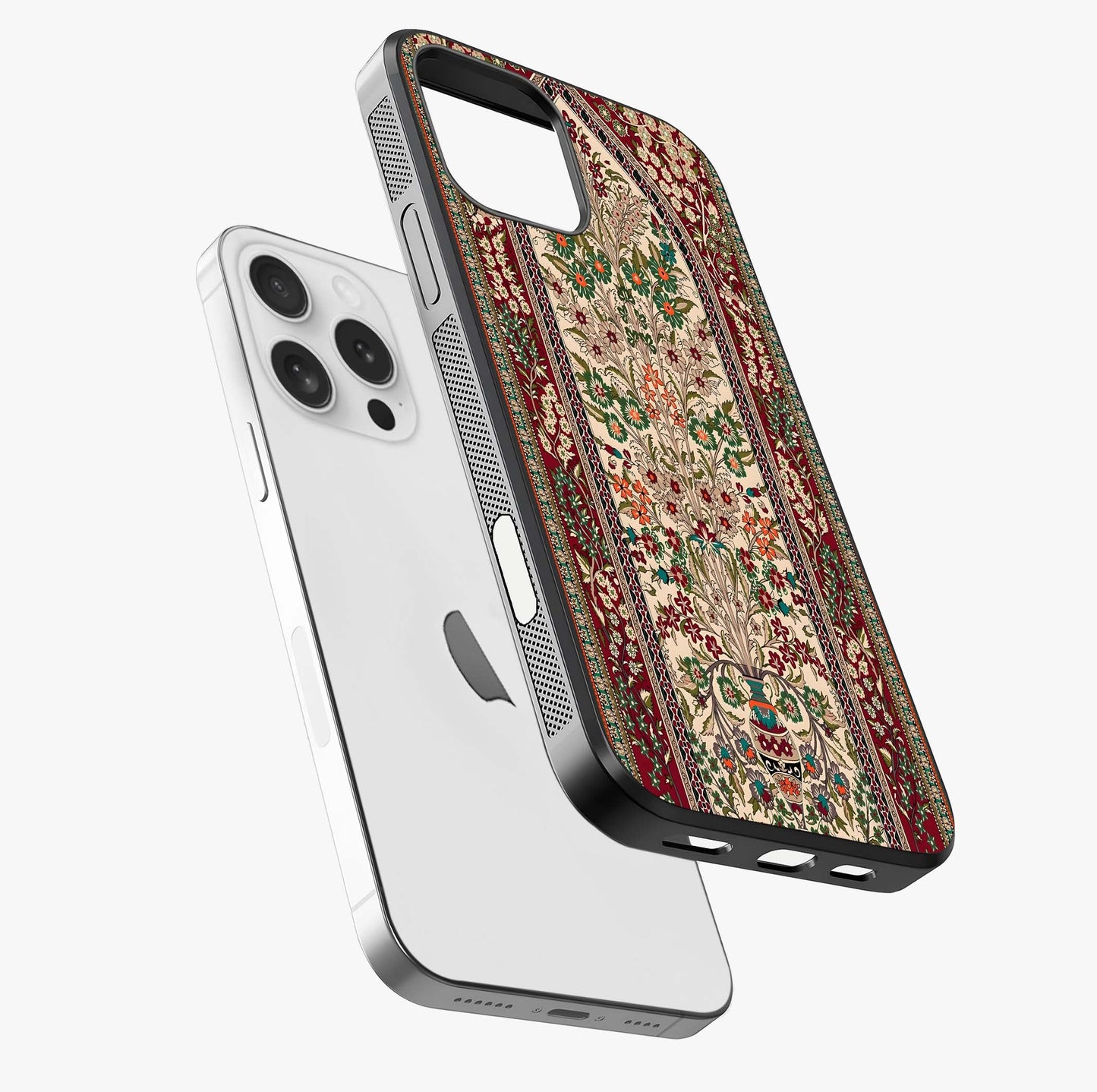 Persian Inspired Glass Case laid diagonally highlighting side profile, edges and glossy glass shine.