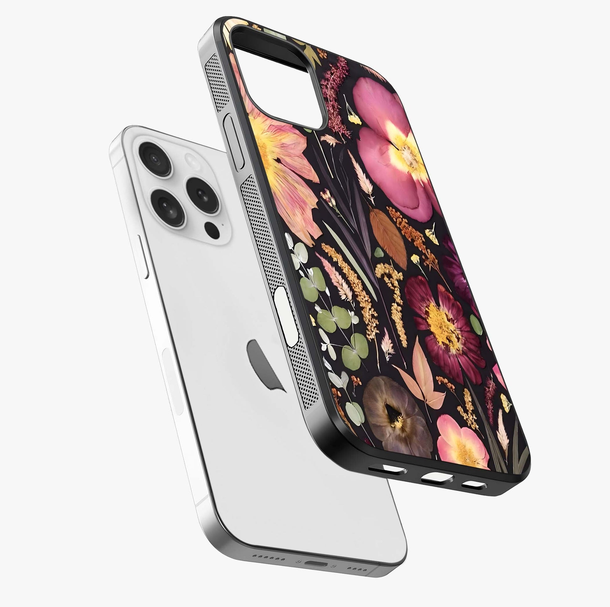 Petal Dream Tapestry Glass Case laid diagonally highlighting side profile, edges and glossy glass shine.