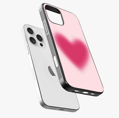 Pink Aura Heart Glass Case laid diagonally highlighting side profile, edges and glossy glass shine.