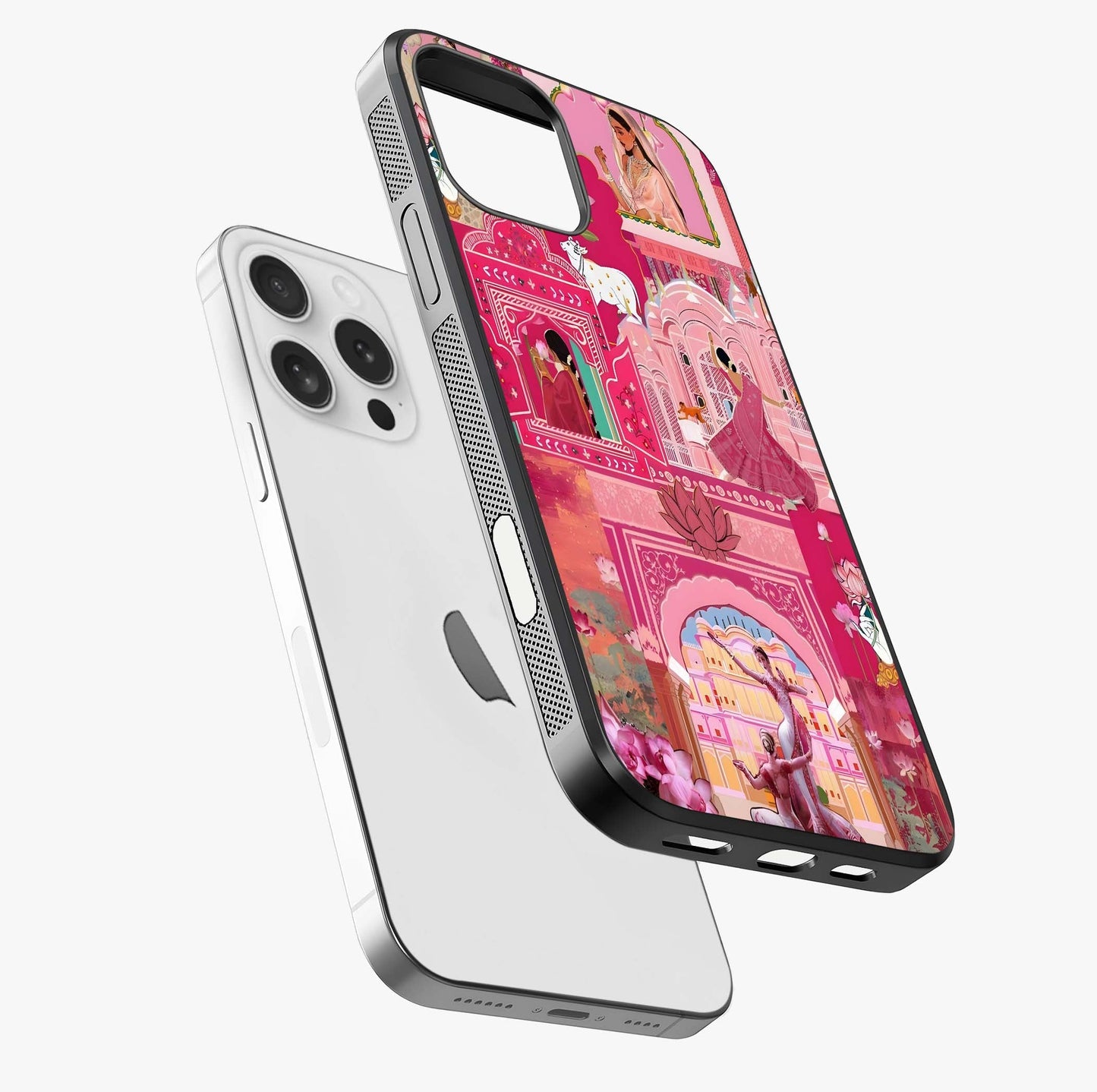 Pink Palace Muse Glass Case laid diagonally highlighting side profile, edges and glossy glass shine.
