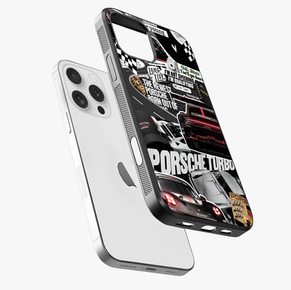 Porsche Racing Collage Glass Case laid diagonally highlighting side profile, edges and glossy glass shine.