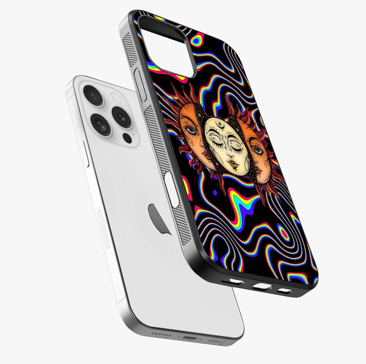 Psychedelic Sun Glass Case laid diagonally highlighting side profile, edges and glossy glass shine.