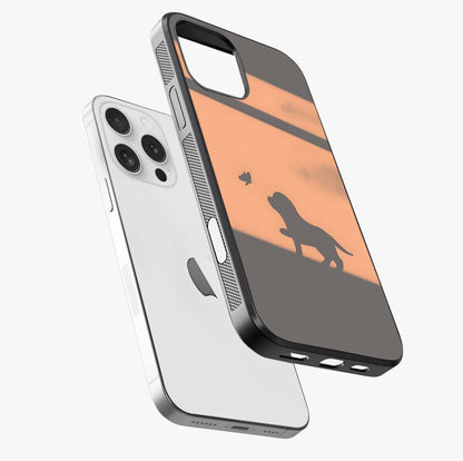Puppy Shadow Art Glass Case laid diagonally highlighting side profile, edges and glossy glass shine.