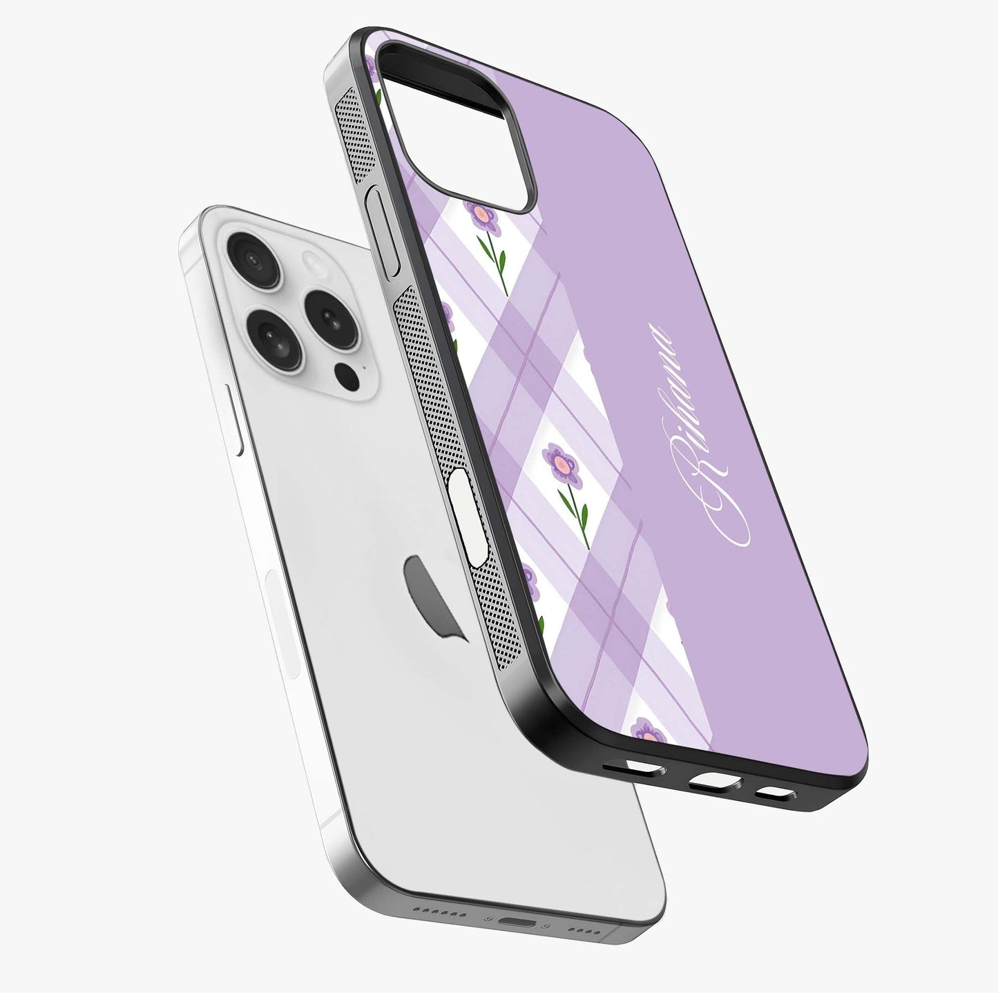 Purple Diamond Floral Glass Case laid diagonally highlighting side profile, edges and glossy glass shine.