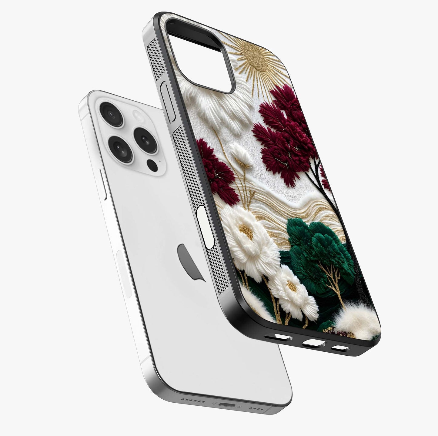 Radiant Bloom Elegance Glass Case laid diagonally highlighting side profile, edges and glossy glass shine.