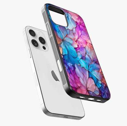 Radiant Floral Whirl Glass Case laid diagonally highlighting side profile, edges and glossy glass shine.