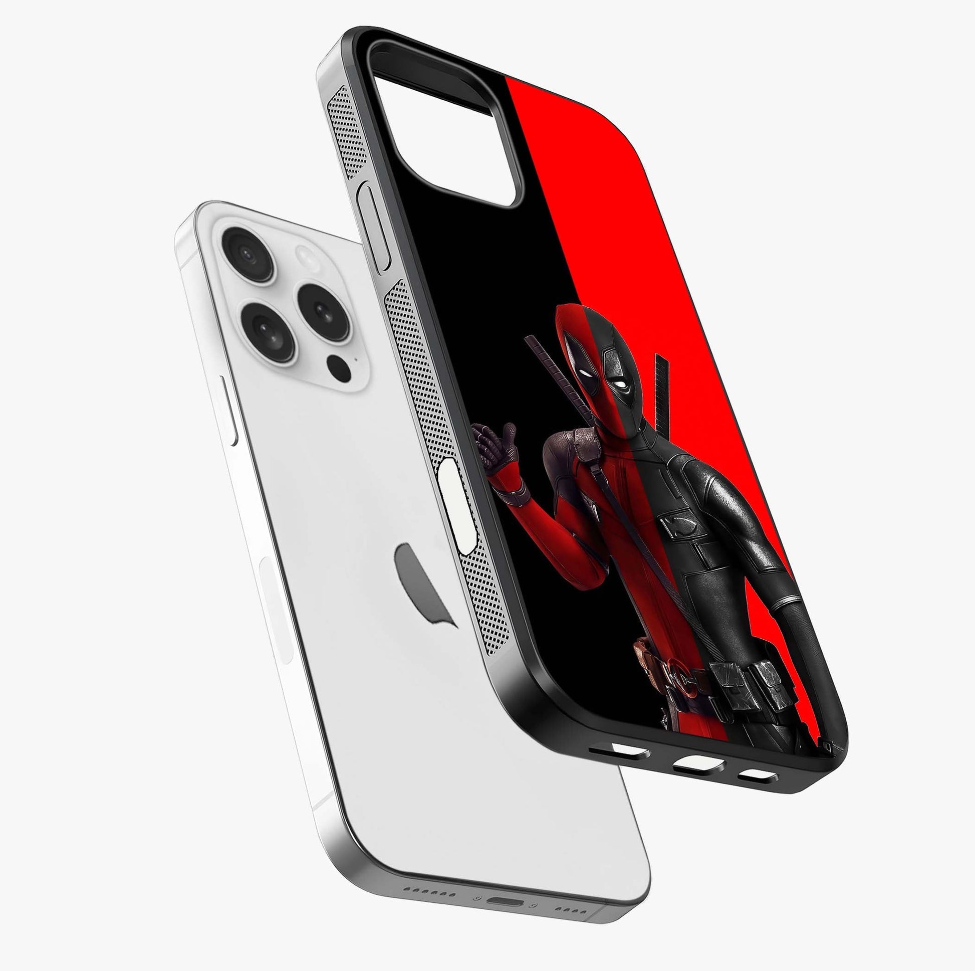 Red & Black Deadpool Theme Glass Case laid diagonally highlighting side profile, edges and glossy glass shine.