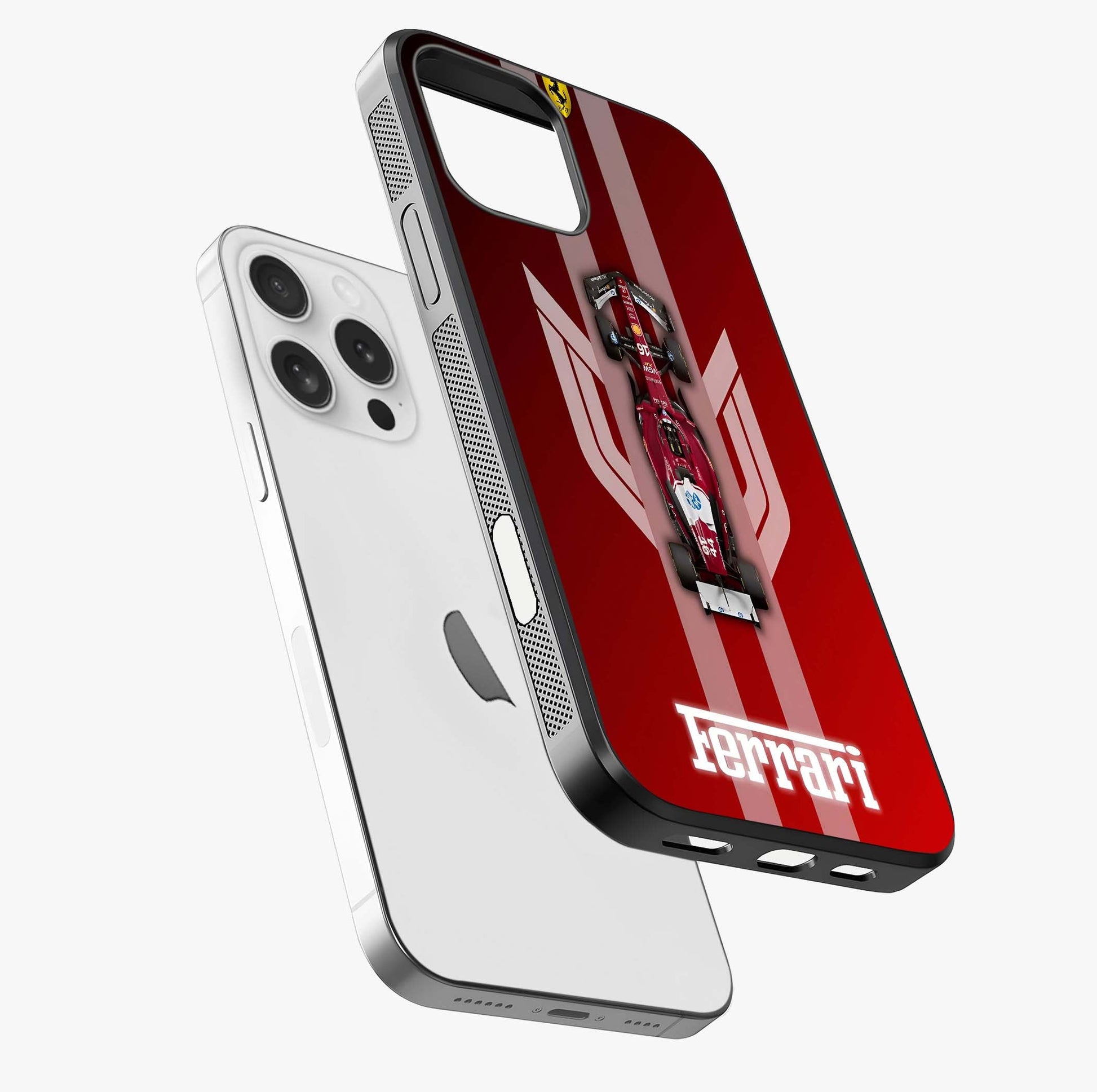 Red Ferrari F1 Vertical Glass Case laid diagonally highlighting side profile, edges and glossy glass shine.
