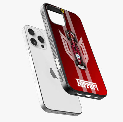 Red Ferrari F1 Vertical Glass Case laid diagonally highlighting side profile, edges and glossy glass shine.