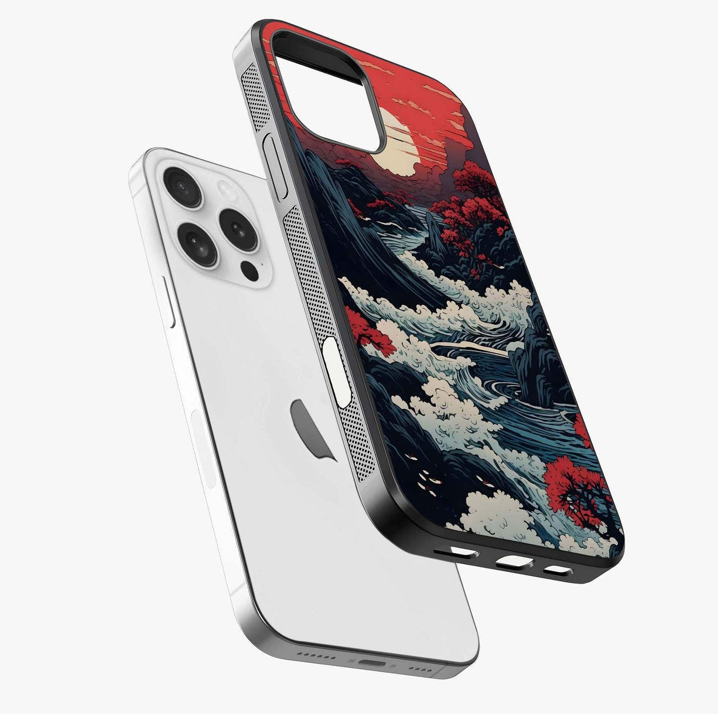 Red Sunset Scenery Glass Case laid diagonally highlighting side profile, edges and glossy glass shine.