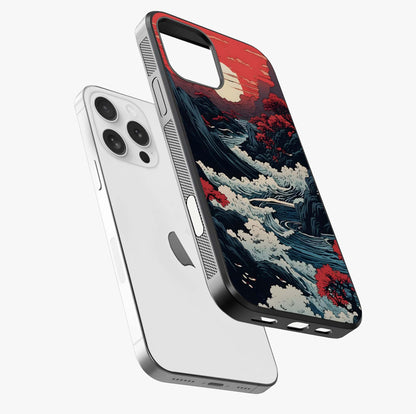 Red Sunset Scenery Glass Case laid diagonally highlighting side profile, edges and glossy glass shine.