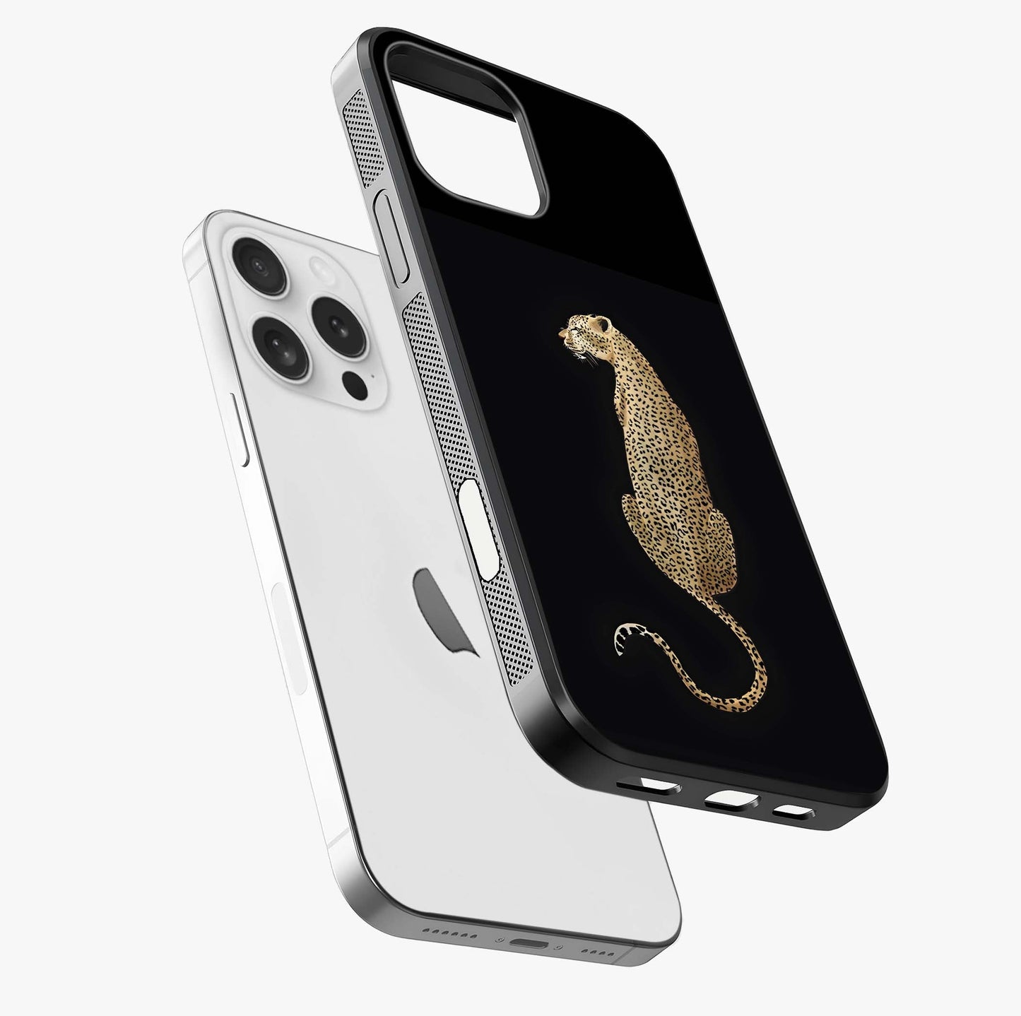 Regal Leopard Glass Case laid diagonally highlighting side profile, edges and glossy glass shine.