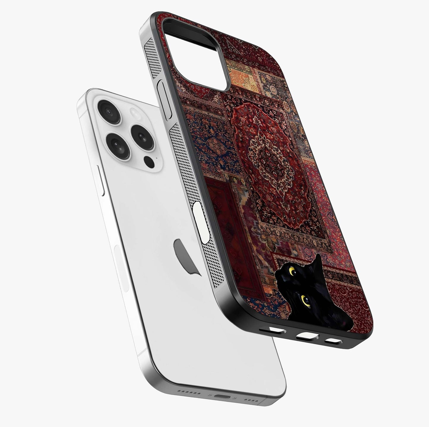 Regal Magic Cat Apple Glass Case laid diagonally highlighting side profile, edges and glossy glass shine.