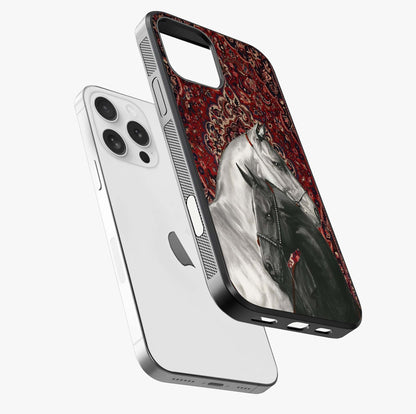 Regal Stallion Tapestry Glass Case laid diagonally highlighting side profile, edges and glossy glass shine.
