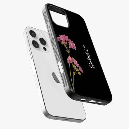 Riching Lavender Flower Custom Name Glass Case laid diagonally highlighting side profile, edges and glossy glass shine.