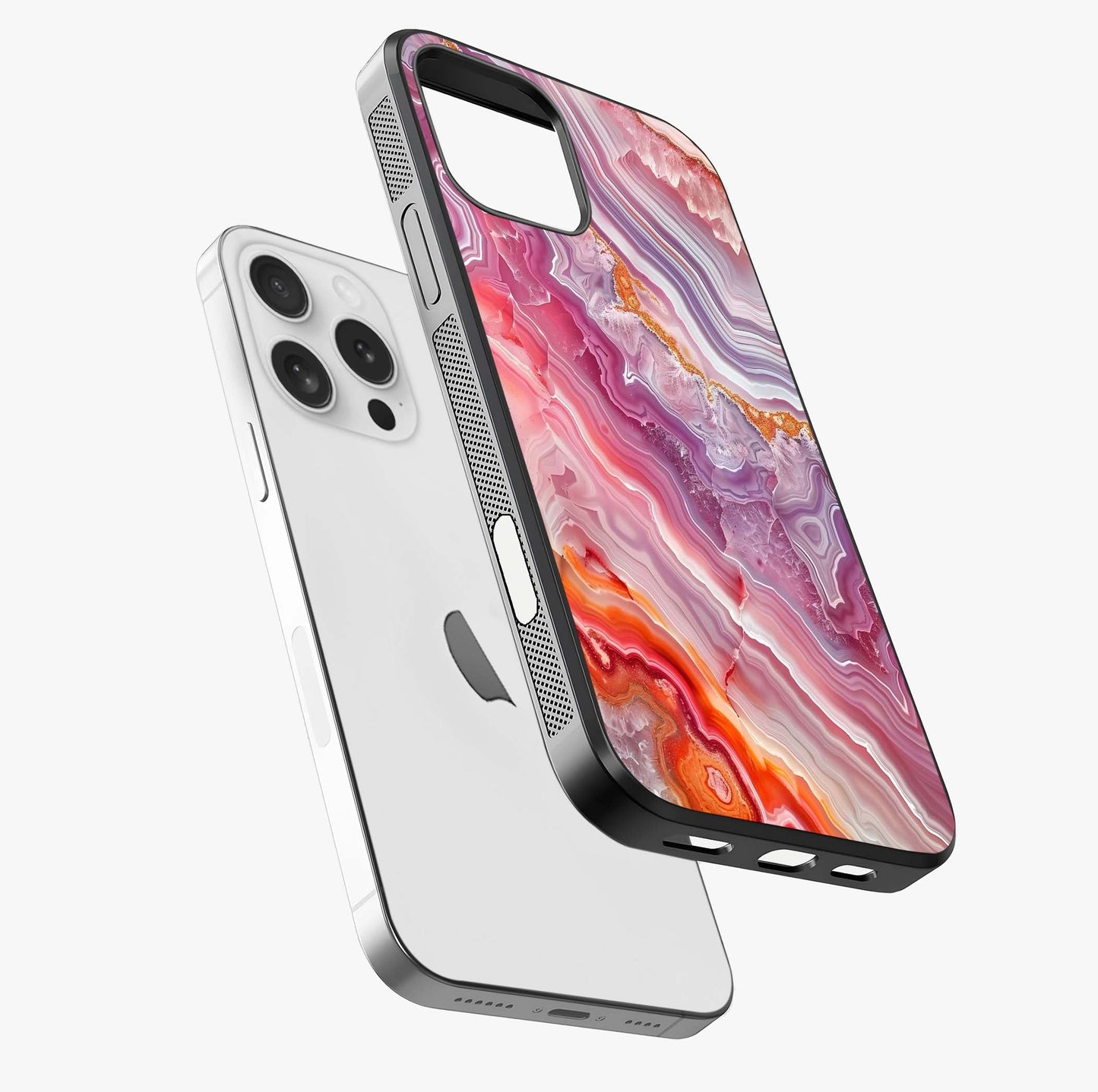 Rose Quartz Marble Glass Case laid diagonally highlighting side profile, edges and glossy glass shine.