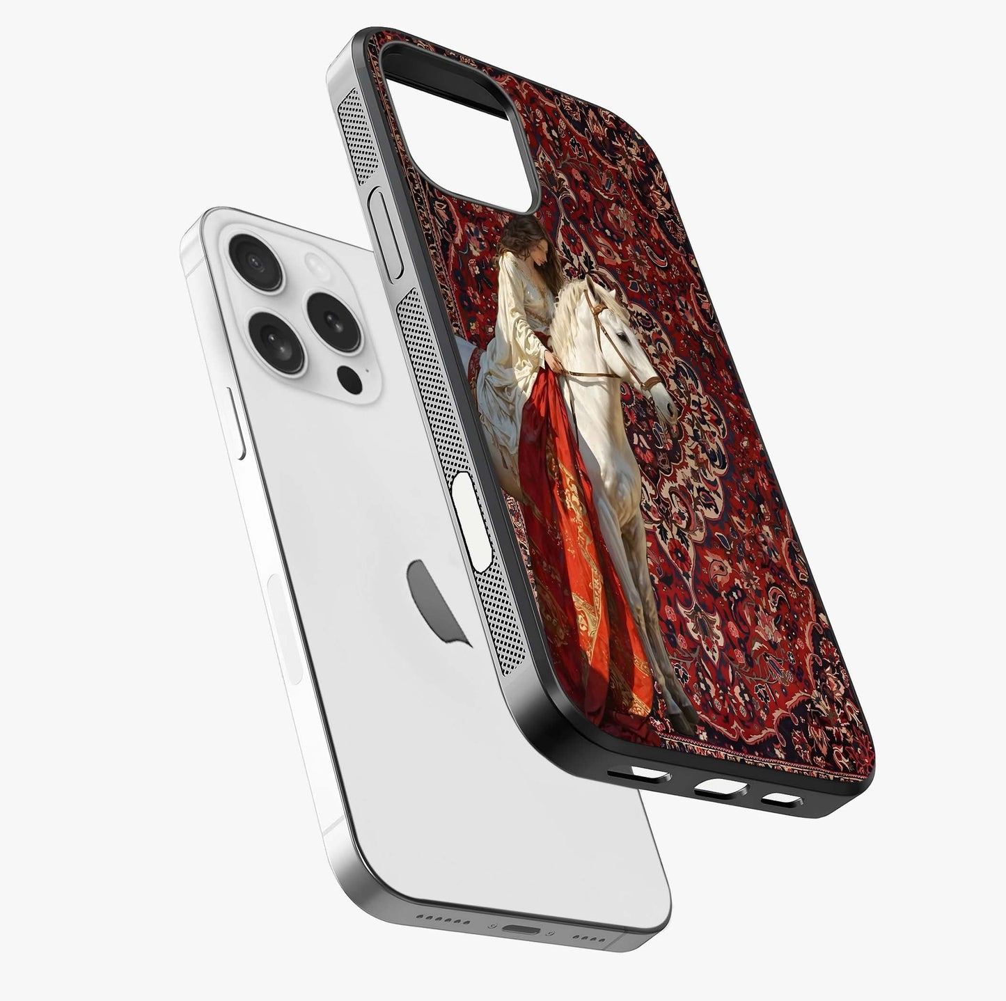 Royal Rider Tapestry Glass Case laid diagonally highlighting side profile, edges and glossy glass shine.