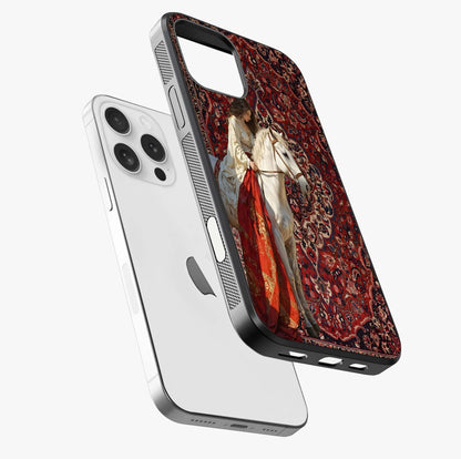 Royal Rider Tapestry Glass Case laid diagonally highlighting side profile, edges and glossy glass shine.