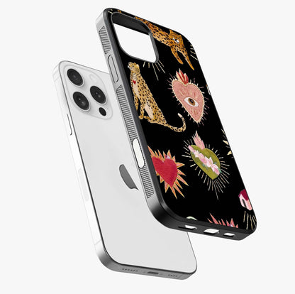 Sacred Jungle Heart Glass Case laid diagonally highlighting side profile, edges and glossy glass shine.