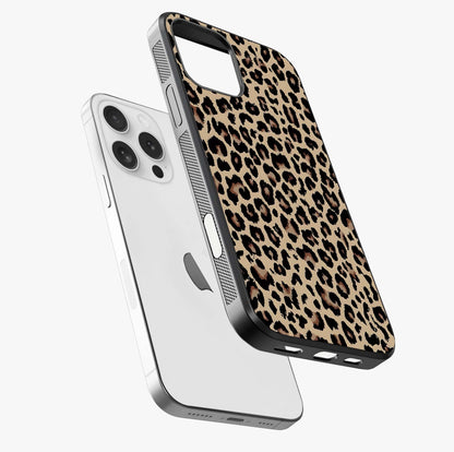 Savage Chic Pattern Glass Case laid diagonally highlighting side profile, edges and glossy glass shine.
