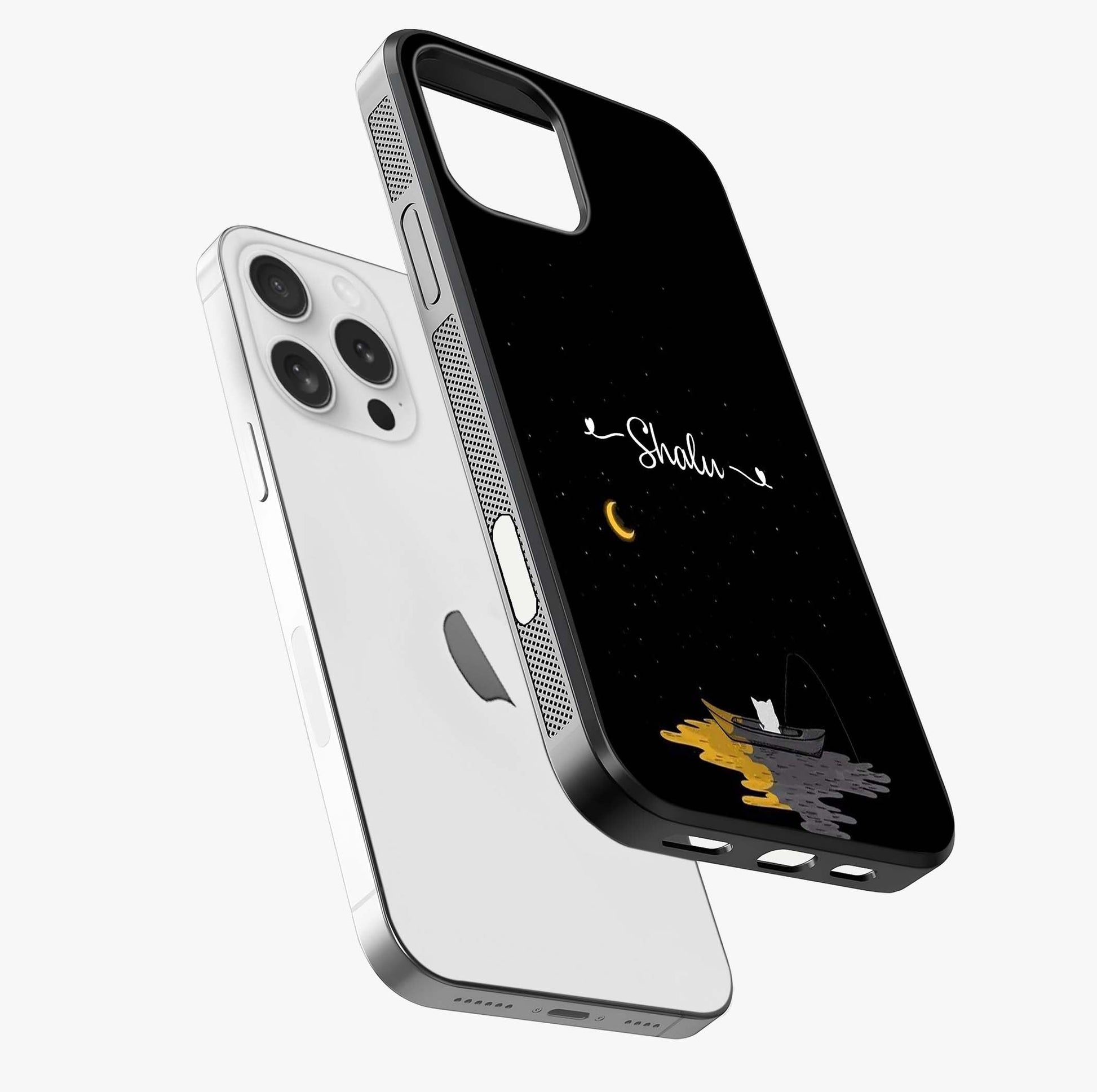Silent Night Row Glass Case laid diagonally highlighting side profile, edges and glossy glass shine.