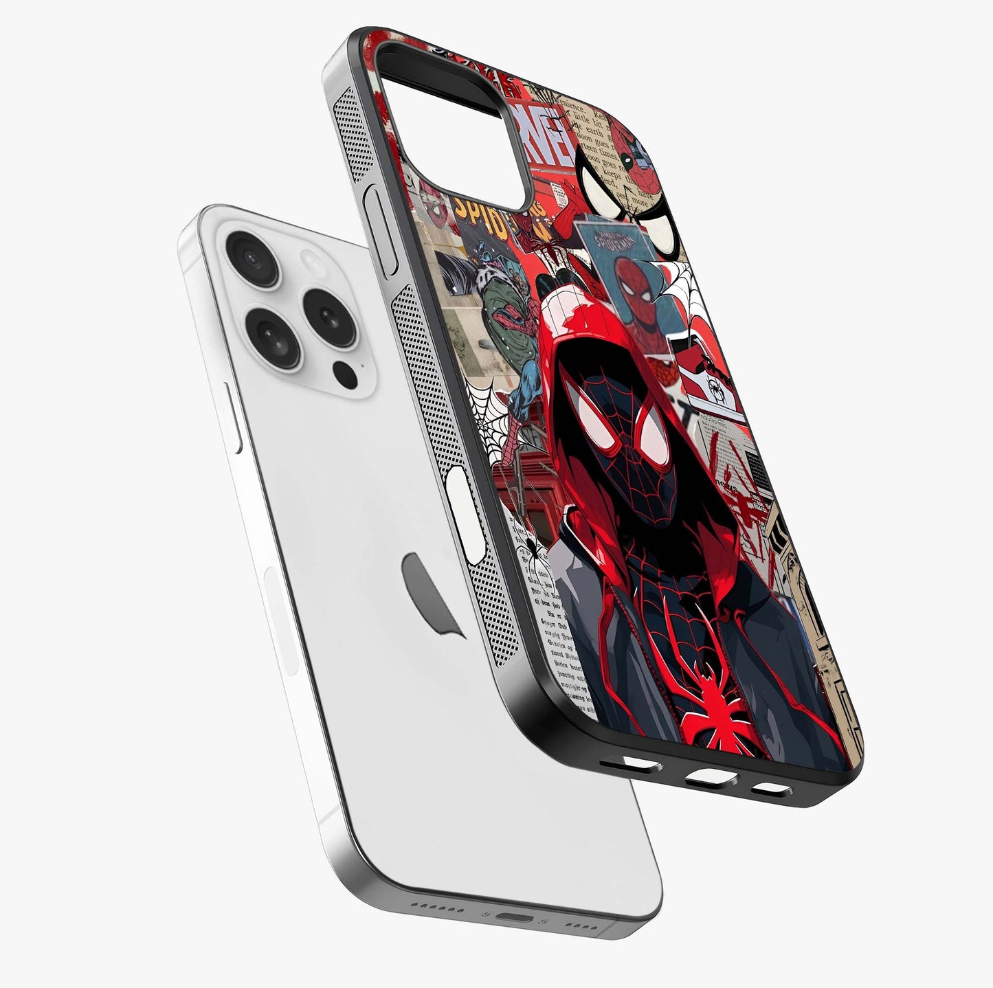 Spider Collage Street Glass Case laid diagonally highlighting side profile, edges and glossy glass shine.