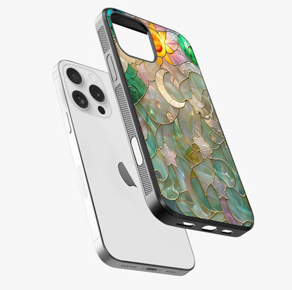 Stained Sunrise Glow Glass Case laid diagonally highlighting side profile, edges and glossy glass shine.