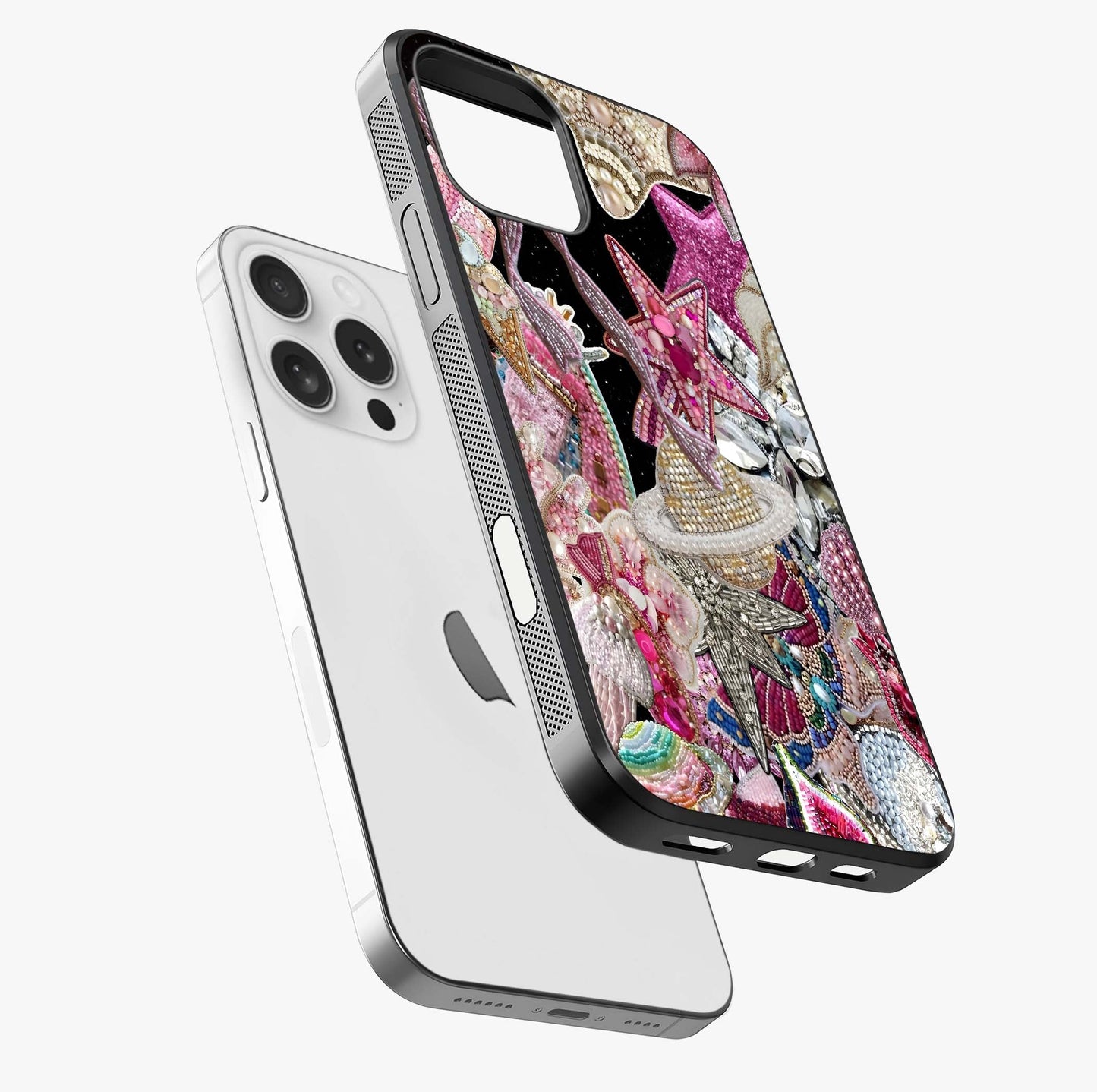 Starlit Jewel Dream Glass Case laid diagonally highlighting side profile, edges and glossy glass shine.