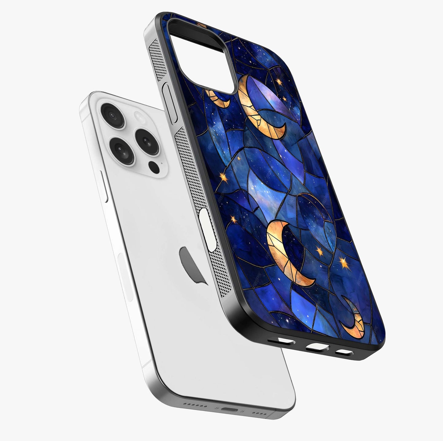 Starlit Sky Tapestry Glass Case laid diagonally highlighting side profile, edges and glossy glass shine.
