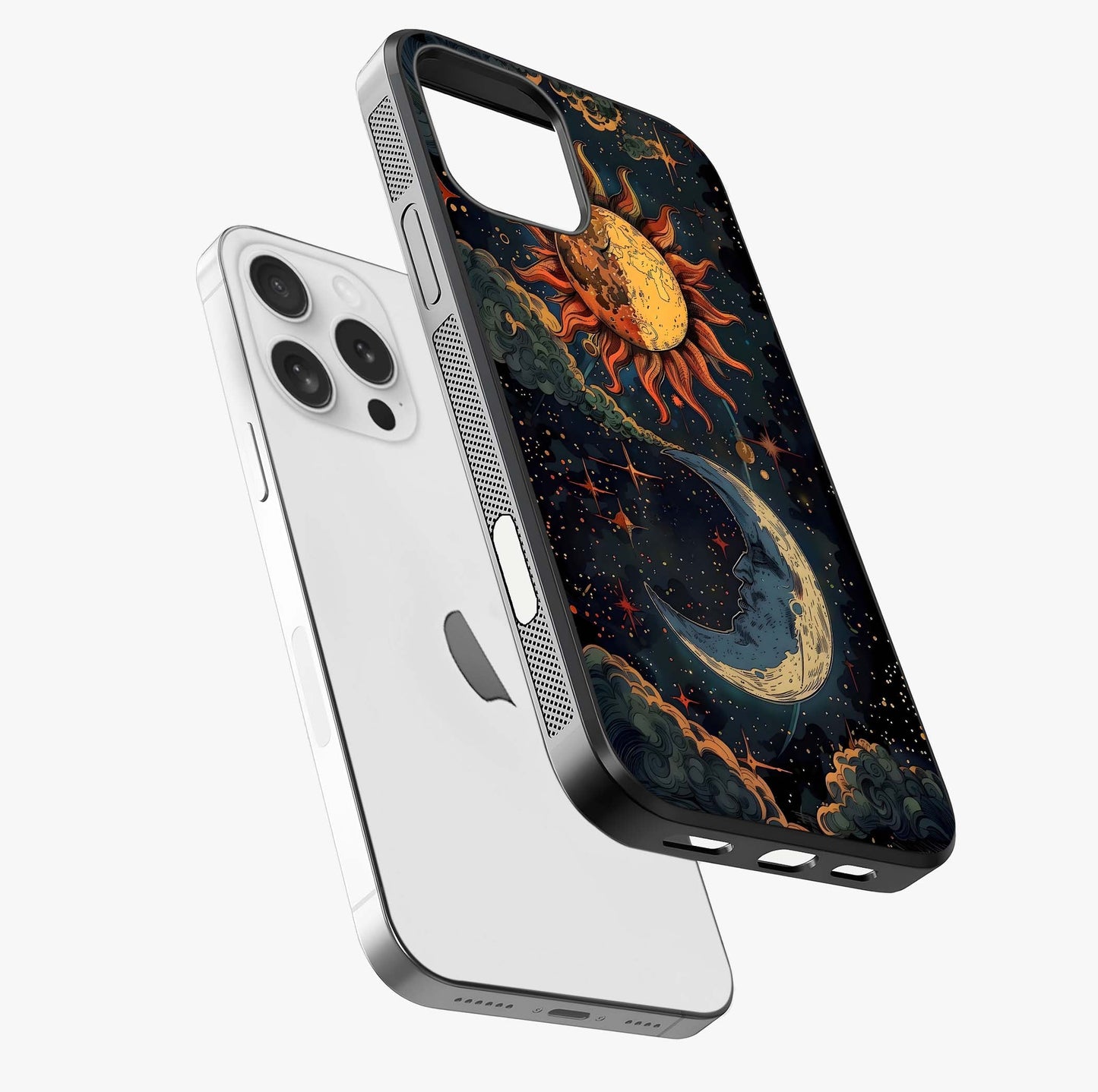 Sun And Moon Magic Design Glass Case laid diagonally highlighting side profile, edges and glossy glass shine.