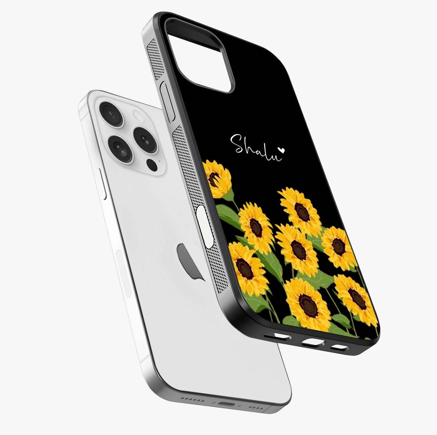 Sunflower Chic Mood Custom Name Glass Case laid diagonally highlighting side profile, edges and glossy glass shine.