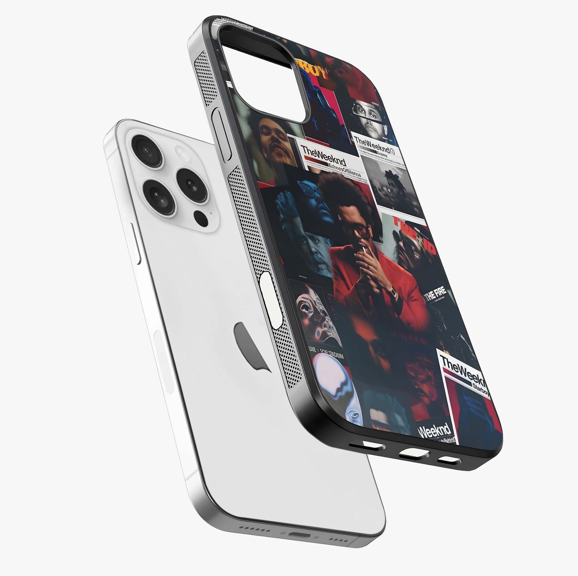 The Weeknd Glass Case laid diagonally highlighting side profile, edges and glossy glass shine.