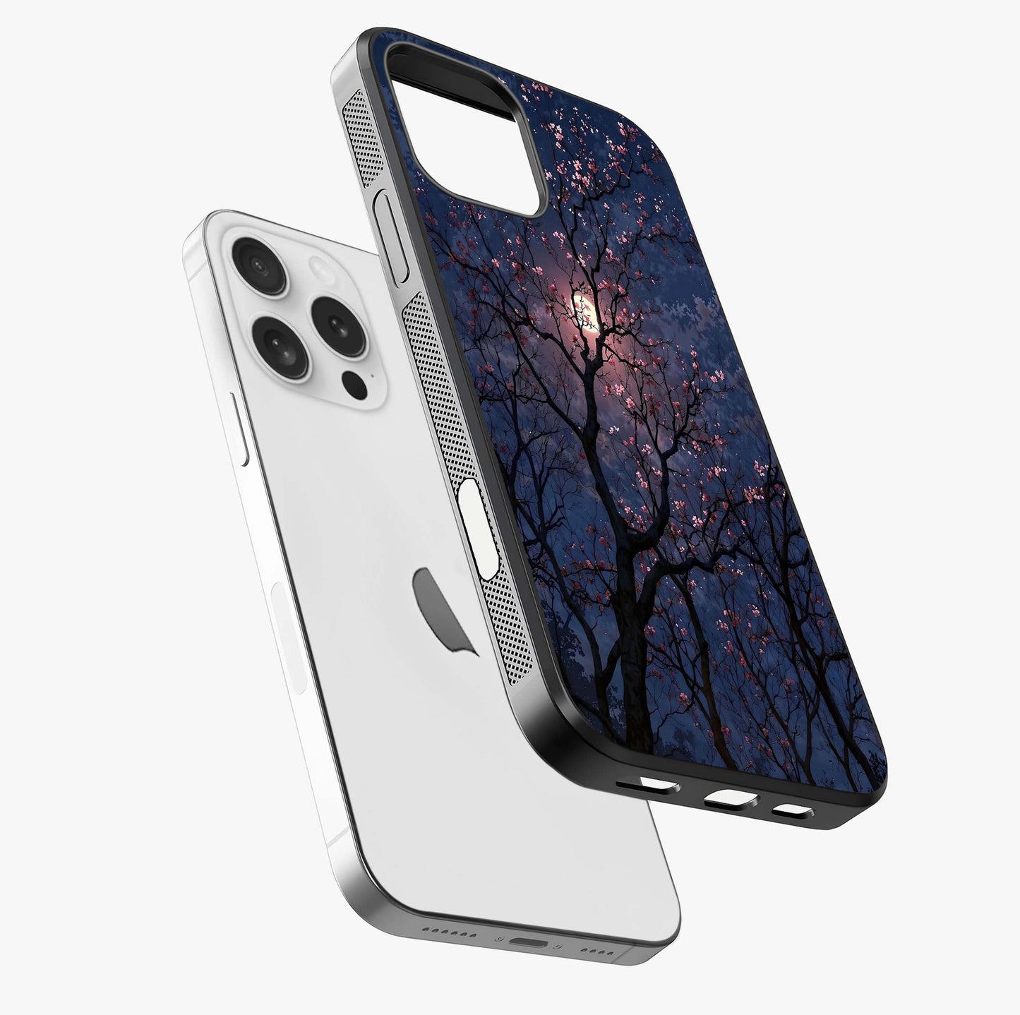 Twilight Sakura Serenade Glass Case laid diagonally highlighting side profile, edges and glossy glass shine.